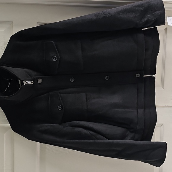 New Bernardo Wool Zippered  Flap Patch Pockets Mid Length Collared Black Coat XL - Picture 8 of 16